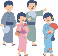 浴衣を着た中高生の若者たちのイラスト