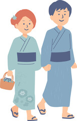 浴衣で歩くカップルのイラスト