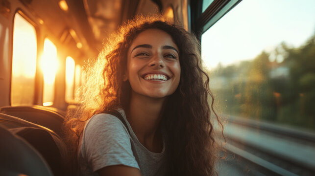 Smiling woman enjoying sunset during long bus journey through scenic landscape