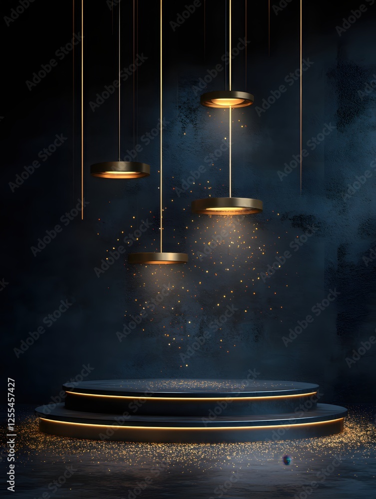 Poster elegant podium display with golden lights and abstract dark background for product showcase