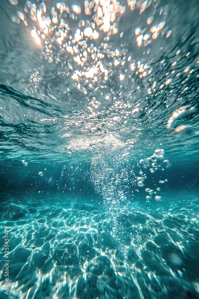 Poster underwater sunlight sparkling through ocean waves creating abstract patterns and bubbles