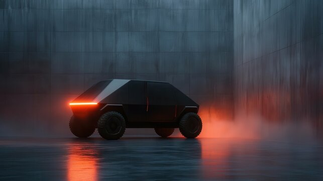 A dynamic futuristic vehicle appears against a stark backdrop, showcasing a juxtaposition of light and shadow that embodies the essence of modern design and creativity.