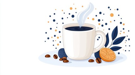 Fototapeta premium Steaming Cup of Coffee Surrounded by Citrus and Berries on a Light Background