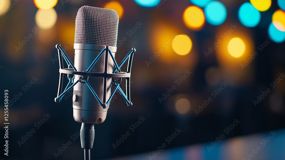Poster close up of microphone with vibrant bokeh lights in background, creating lively atmosphere perfect f