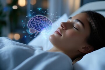 This visual captures a serene woman resting while a translucent brain graphic highlights her cognitive activity, representing relaxation and mental processing.