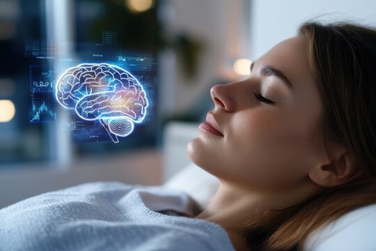 This image represents a peaceful woman asleep, with an overlay of her brain function and cognitive processes illuminated, emphasizing the power of restful sleep.