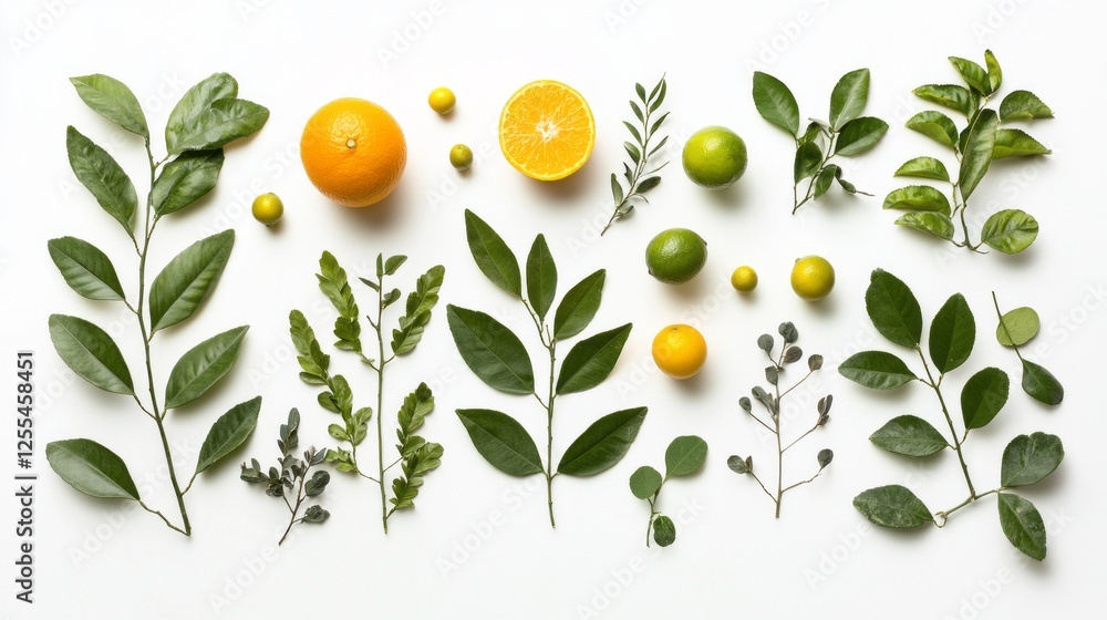 Poster a delightful arrangement showcases an array of citrus fruits alongside various leaf types, creating 