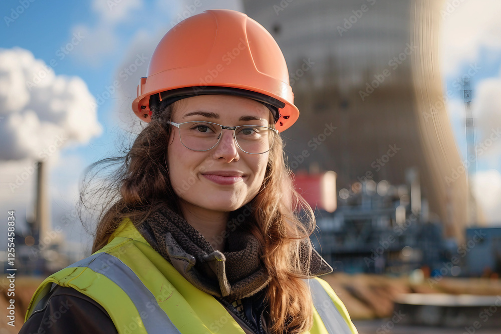 Poster engineer against of a nuclear reactor turbine in industrial setting generative ai