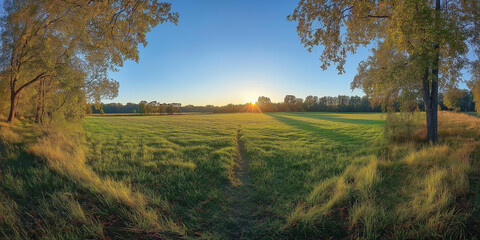 Naklejka premium Sunrise over vibrant meadow tranquil countryside landscape photography serene atmosphere wide angle view nature's beauty unveiled