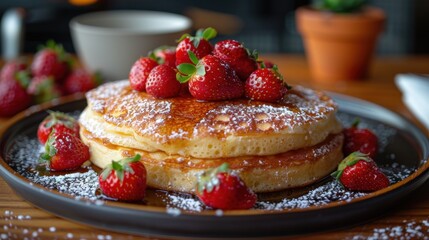 A fluffy Japanese souffle pancake, topped with powdered sugar and fresh strawberries