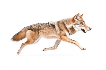 Fototapeta premium Running wolf in motion against a white background showcasing agility and grace