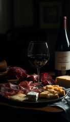 A glass of red wine and various types of cheese on the table, surrounded by meat, a bottle of Italian red wine in the background