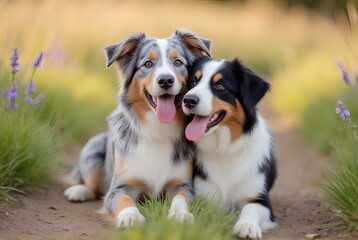 Two Happy Australian Shepherd Dogs Outdoors