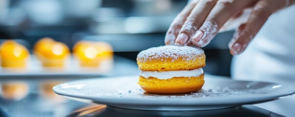 Hand dusting powdered sugar on delicious cream-filled dessert in kitchen setting