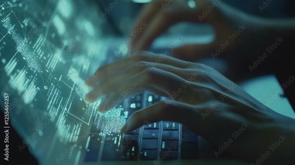 Poster typing on laptop with futuristic data display, cybersecurity concept