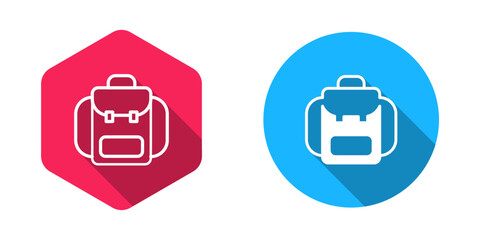 Filled and outline Hiking backpack icon isolated with long shadow background. Camping and mountain exploring backpack. Vector