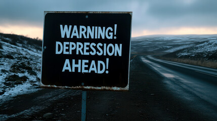 Gloomy winter landscape, road sign reading Warning! Depression Ahead