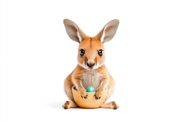 Adorable baby kangaroo sitting with a colorful egg in a minimalist setting