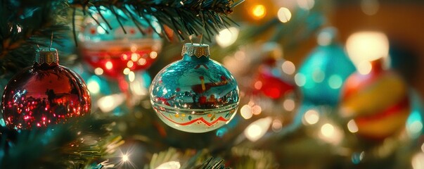 Colorful christmas ornaments hanging on a festive tree with lights