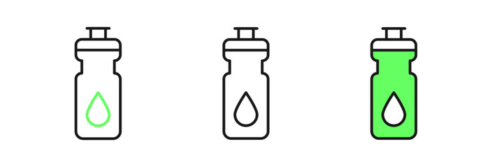 Set line Fitness shaker icon isolated on white background. Sports shaker bottle with lid for water and protein cocktails. Vector