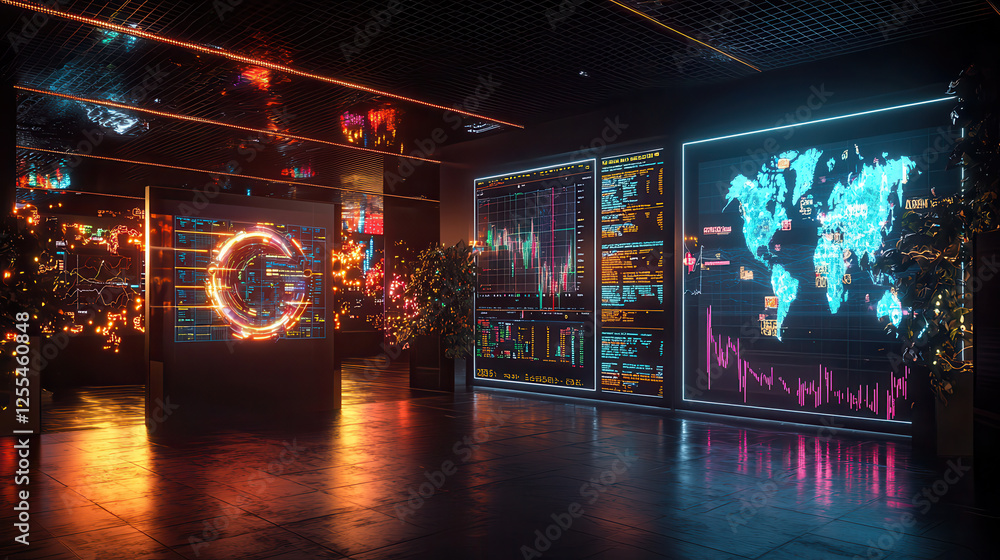 Poster cyber futuristic financial concept showcasing ai with vibrant data displays and glowing elements. at