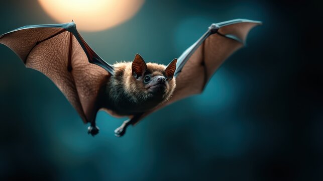 This captivating image portrays a bat in mid-air, illuminated by moonlight, emphasizing the grace of its wings and the mystery of its nocturnal habitat.