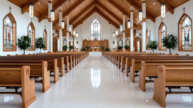 Elegant church interior, pews, stained glass