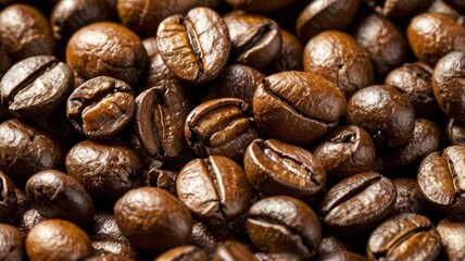 Fototapeta premium Freshly roasted coffee beans in a wooden bowl on a rustic table background