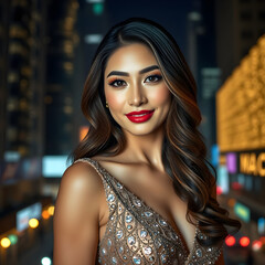 High quality, photorealistic, woman in her late 20s, sophisticated smile, soft makeup, long wavy hair, luxurious dress, city night scene background, sparkling lights, elegant and intelligent atmospher