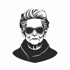 Black and white illustration of an elderly woman. Pensioner woman. Grandmother.