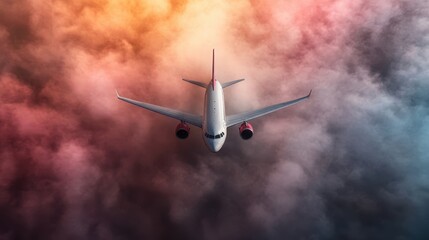 A striking image of an airplane flying above colorful smoke clouds, reflecting the intersection of human aspiration, travel, and environmental considerations in aviation.