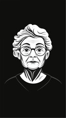 Black and white illustration of an elderly woman. Pensioner woman. Grandmother.