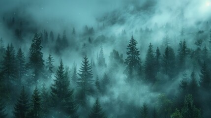 A foggy pine forest with morning dew, cool blue and green tones, high detail