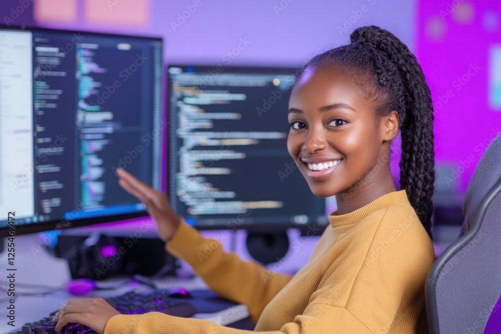 Poster young smiling african american software developer programming on computer in modern office