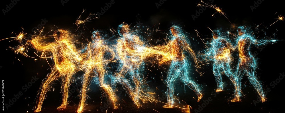 Poster dynamic figures in motion: abstract light trails against dark background