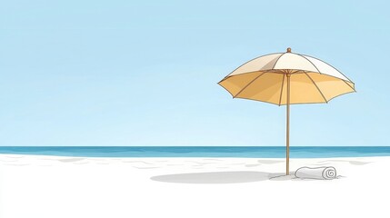 Serene Beach Scene with Umbrella and Towel on Soft Sand Under Clear Blue Sky
