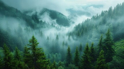 A foggy pine forest with morning dew, cool blue and green tones, high detail