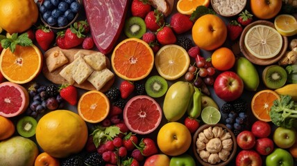 Assorted fresh fruits including apples bananas oranges and berries arranged on a wooden table