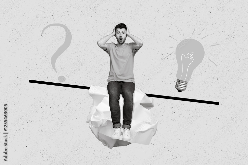 Poster collage photo of young funny smart man sitting balance scales dont know confused idea asking questio