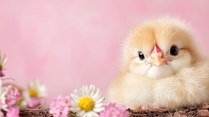 Fototapeta premium Cute Chick on Pink Background with Flowers