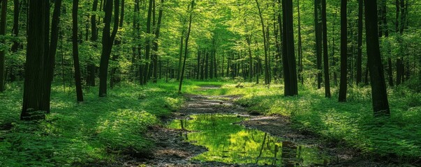 Obraz premium Lush green forest with tall trees and reflective stream in sunlight