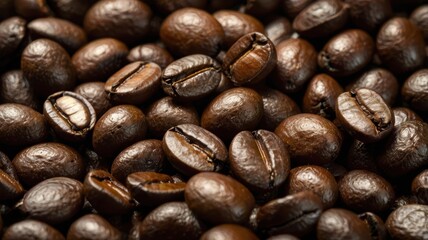 Fototapeta premium Coffee beans close up showcasing their natural texture and rich color for health benefits and culinary uses