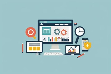 Colorful Digital Technology Collage Featuring Various Devices, Icons, and Data Visualizations Showcasing Modern Multimedia Applications and Online Content Creation Processes