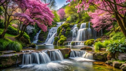 Obraz premium Cascading Waterfall in a Blossoming Garden