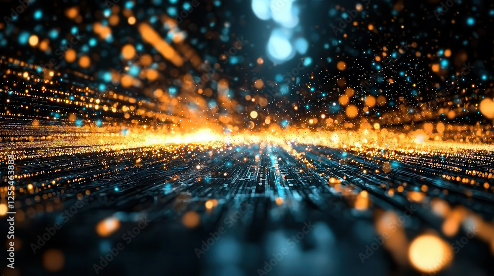 Poster dynamic digital background with glowing particles and light trails