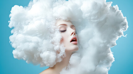 Fototapeta premium Beautiful young woman with white cloud engulfing her head. Studio shot on blue background. Brain fog concept