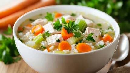 Chicken and rice soup with vegetables, parsley, and white bowl. Emphasizing comforting and nourishing nature, ideal for soup recipes and wholesome meals with a warm presentation.
