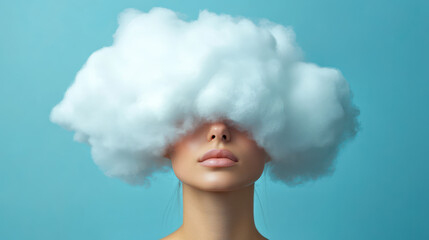 Beautiful young woman with cloud covering her head. Studio shot on blue background