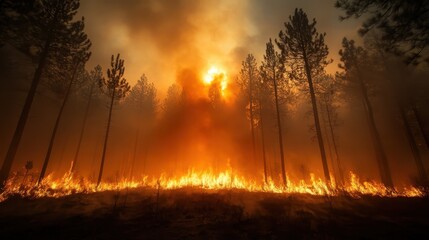 This dramatic photo showcases a forest fire roaring with intensity, as billowing smoke intermingles with the bright flames, creating a powerful scene in nature's cycle.