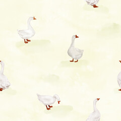 White domestic goose with red head and feet, seamless pattern. Watercolor digital illustration. Cute farm bird isolated on white background. Easter, spring, village and farm theme, for kitchen